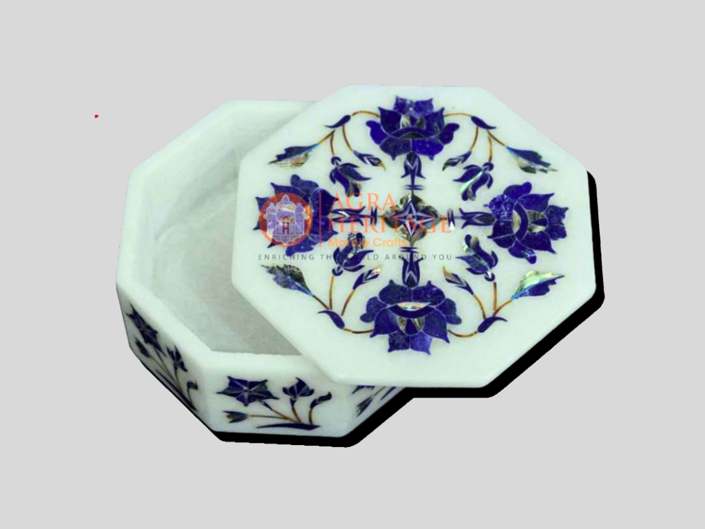 Marble Jewelry Lidded Box Lapis Floral Art